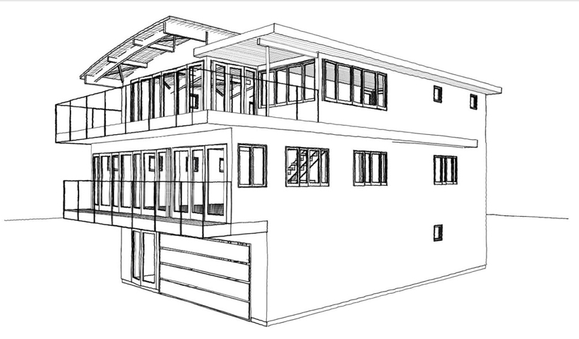 SW Elevation Sketch, Ocean View 3rd Story Addition, Whole House Remodel & Glass Patio Enclosure, ENR architects, Granbury, TX 76049 - CAD Design